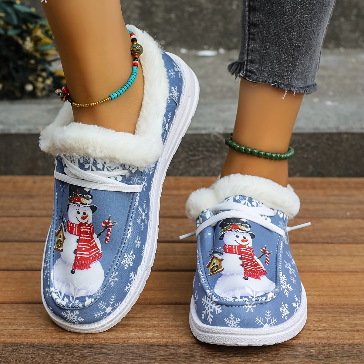 Snowman Pattern Canvas Shoes, Lightweight Plush Lined Sneakers