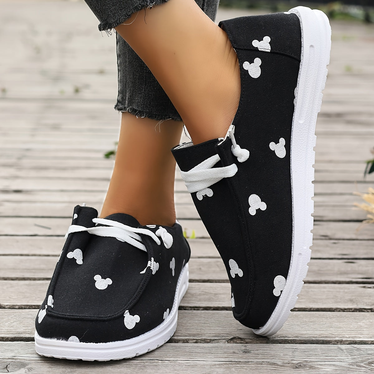 Cartoon Print Canvas Shoes, Lightweight Lace Up Walking Shoes