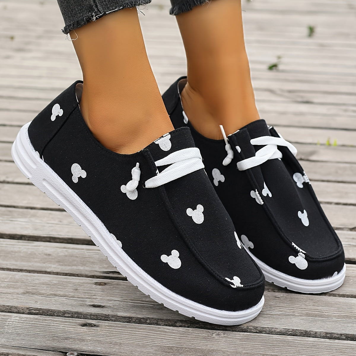 Cartoon Print Canvas Shoes, Lightweight Lace Up Walking Shoes